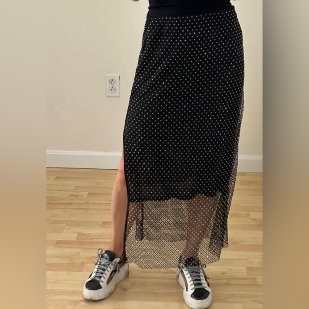 NWT Sincerely Jules Black Jeweled Rhinestones Mesh Net Maxi Skirt Size L